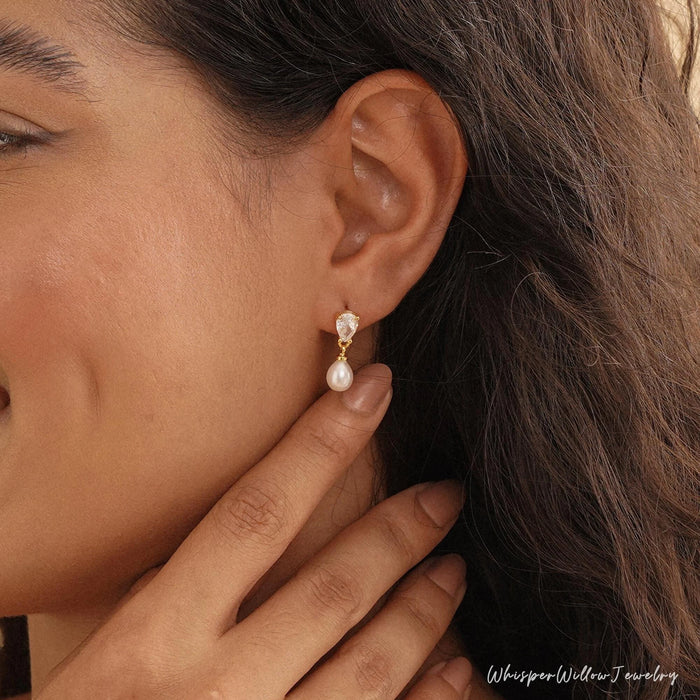 Real Freshwater Pearl Drop Earrings with CZ Diamond