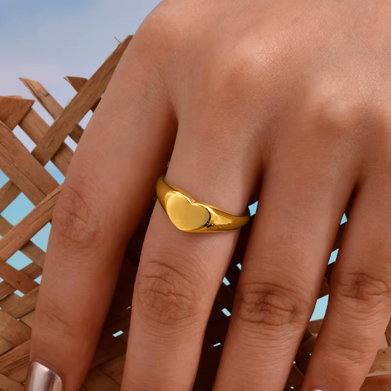 Stainless Steel Heart Rings for Women, Gold Plated Signet Pinky Ring Non-Tarnish Jewelry