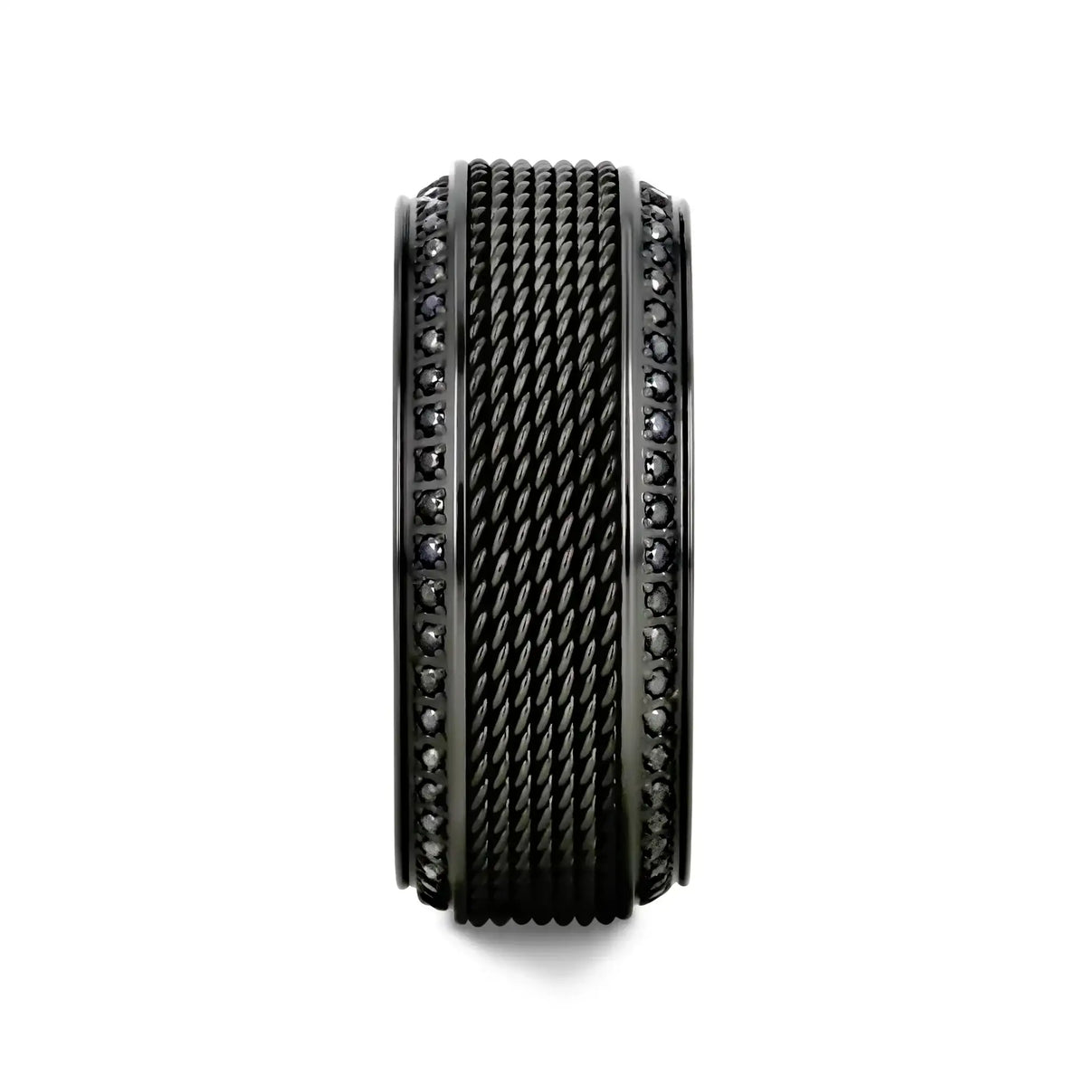 KNIGHT Steel Chain Black Titanium Wedding Ring Polished Beveled Edges Set with round Black Diamonds - 10Mm