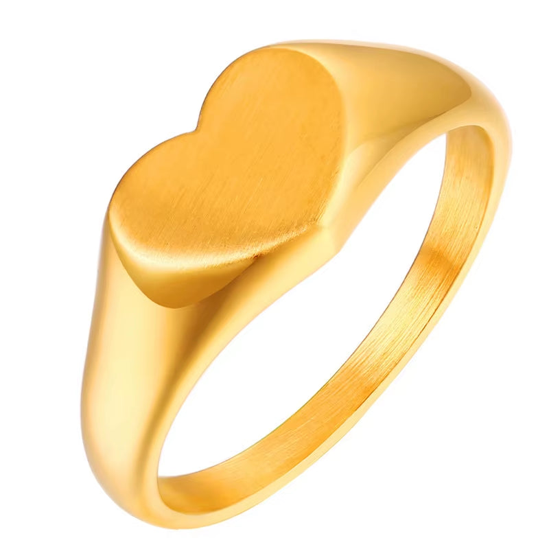 Stainless Steel Heart Rings for Women, Gold Plated Signet Pinky Ring Non-Tarnish Jewelry