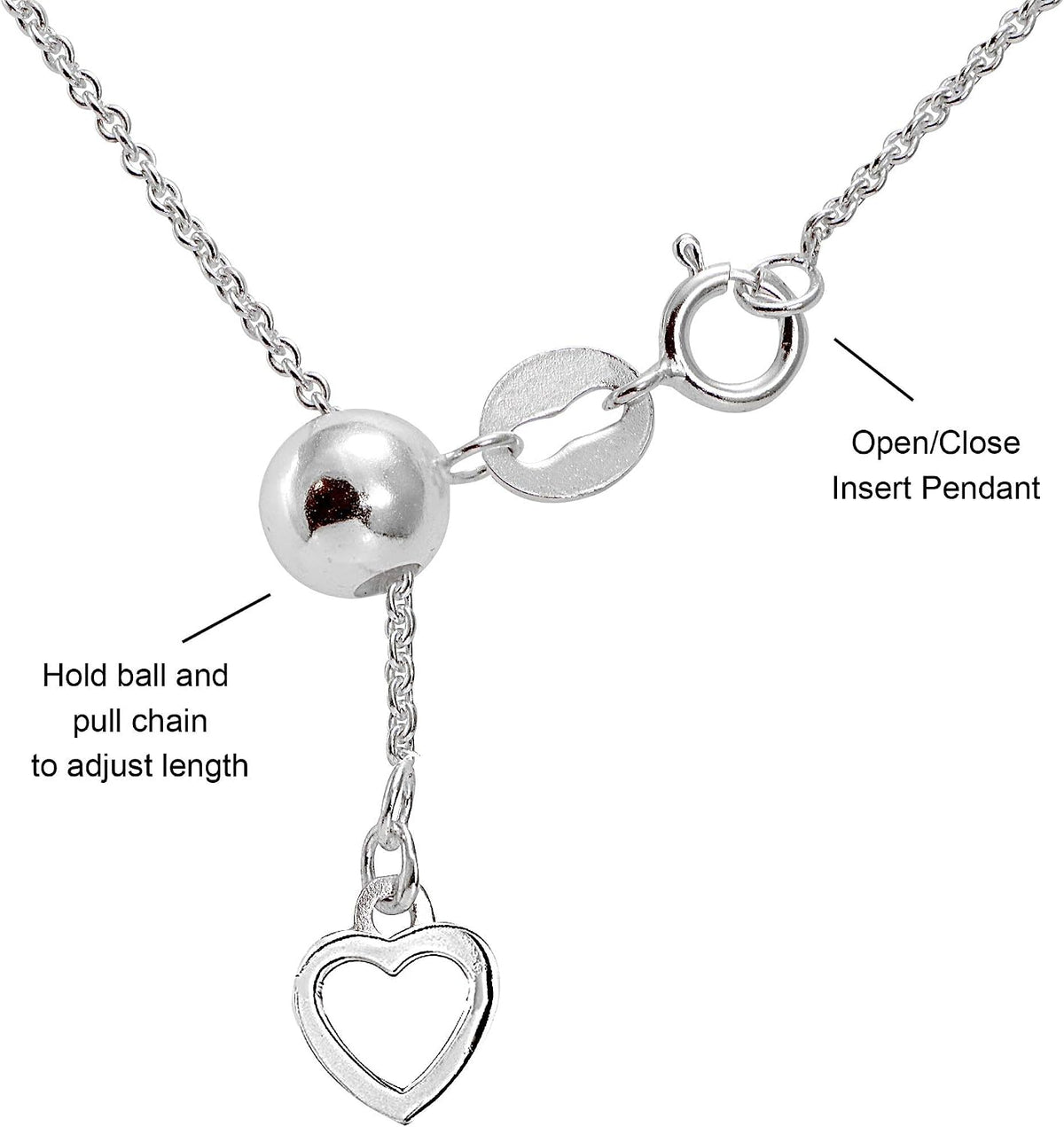 Sterling Silver Rolo Bolo Adjustable Chain Necklace for Women Men, Adjusts from 14-20" Inches