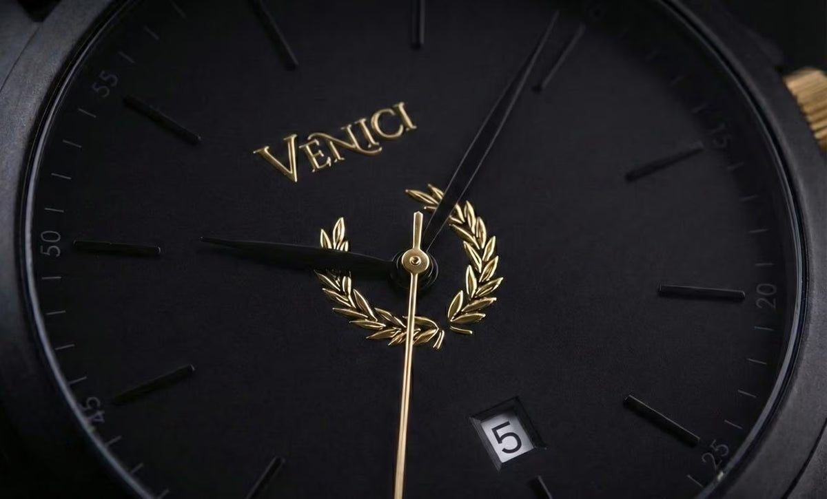 Minimalist Black and Gold Mens Watch, Stainless Steel Mesh Adjustable Strap - Gift for Him