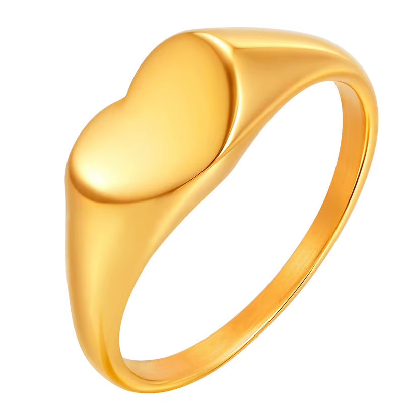 Stainless Steel Heart Rings for Women, Gold Plated Signet Pinky Ring Non-Tarnish Jewelry