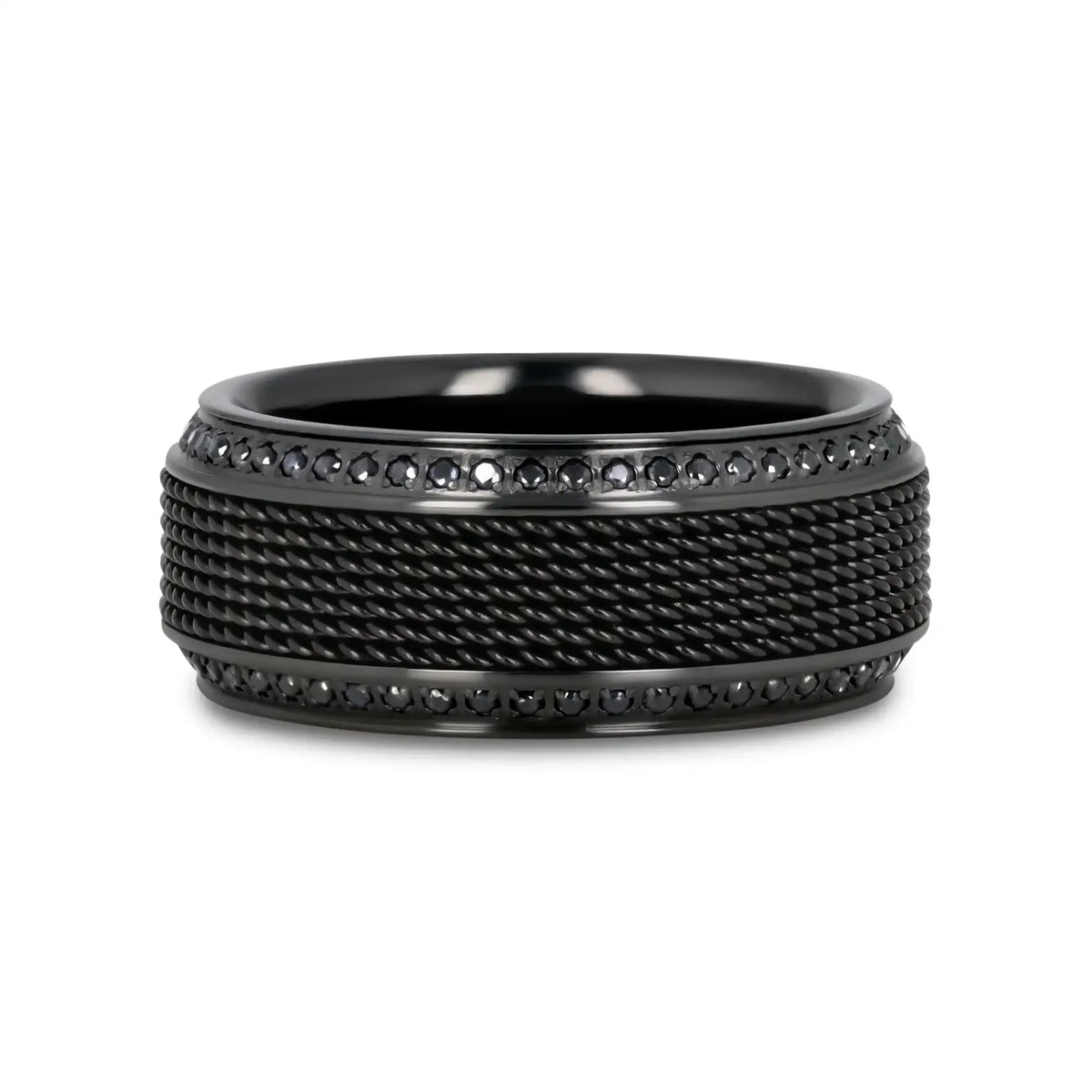 KNIGHT Steel Chain Black Titanium Wedding Ring Polished Beveled Edges Set with round Black Diamonds - 10Mm