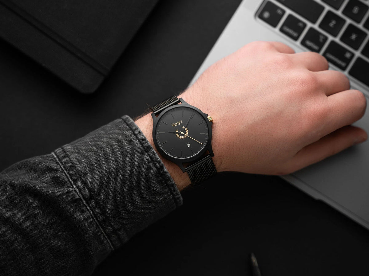 Minimalist Black and Gold Mens Watch, Stainless Steel Mesh Adjustable Strap - Gift for Him