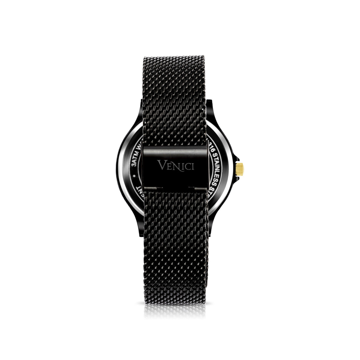 Minimalist Black and Gold Mens Watch, Stainless Steel Mesh Adjustable Strap - Gift for Him