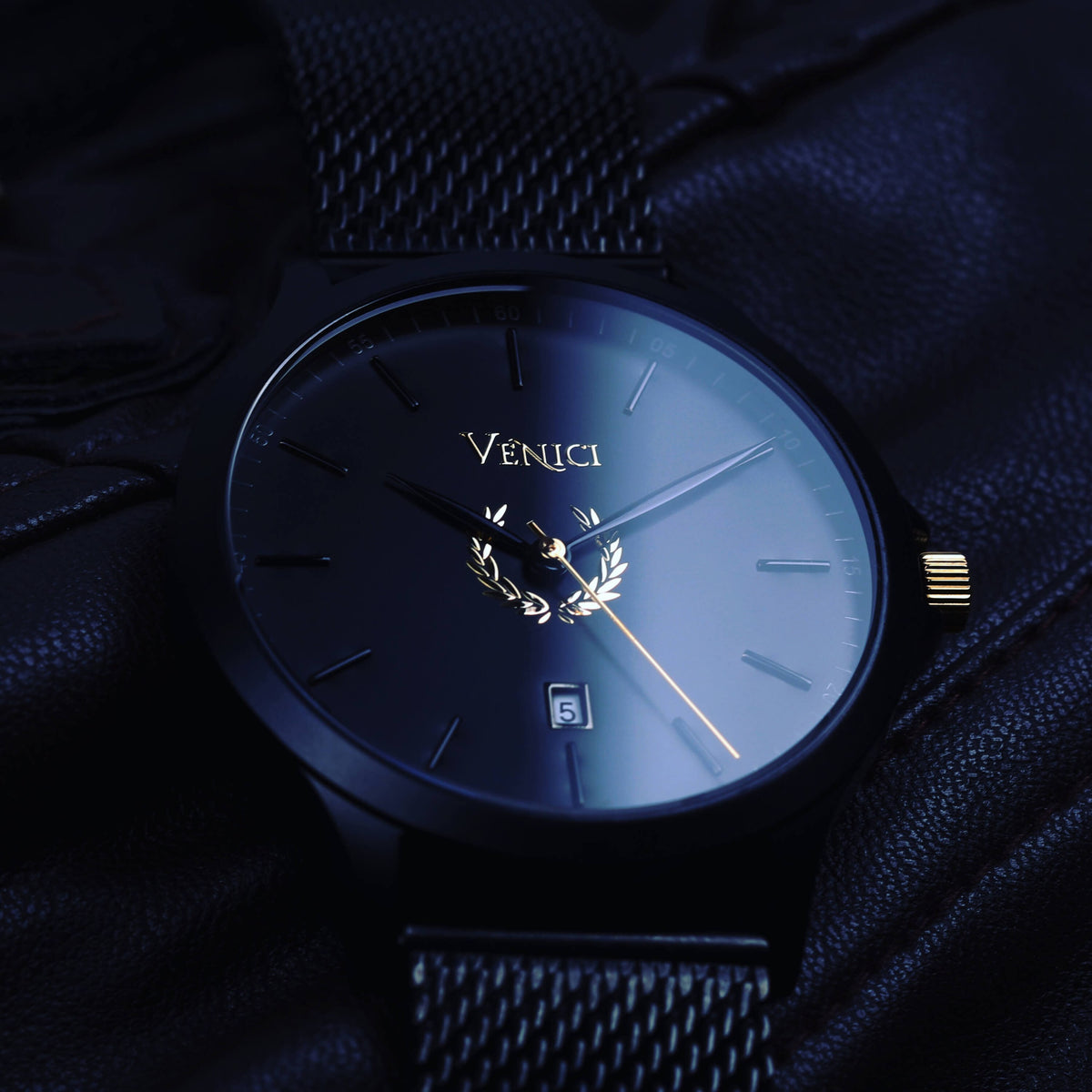 Minimalist Black and Gold Mens Watch, Stainless Steel Mesh Adjustable Strap - Gift for Him