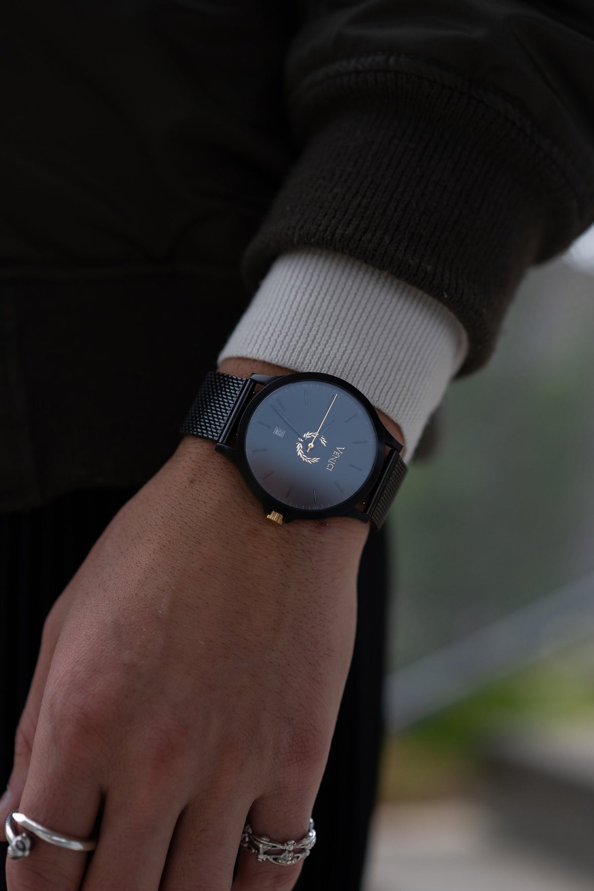 Minimalist Black and Gold Mens Watch, Stainless Steel Mesh Adjustable Strap - Gift for Him