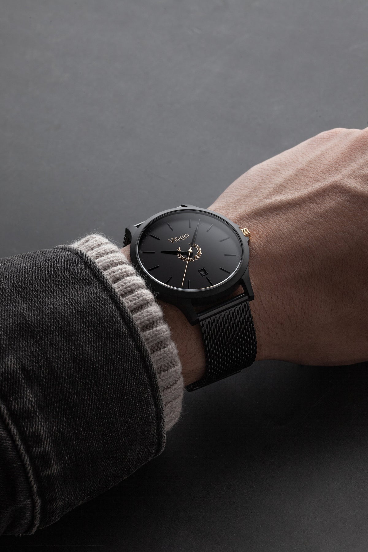 Minimalist Black and Gold Mens Watch, Stainless Steel Mesh Adjustable Strap - Gift for Him