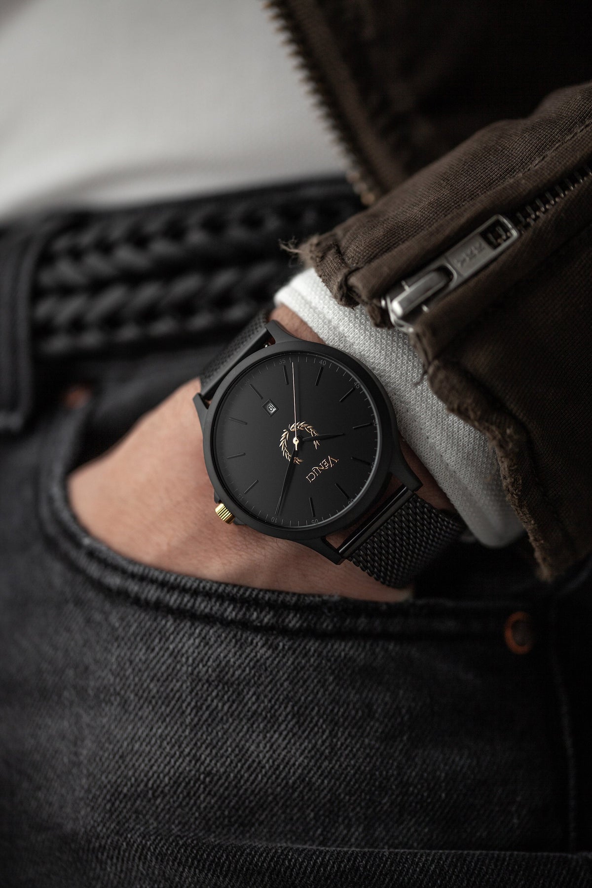 Minimalist Black and Gold Mens Watch, Stainless Steel Mesh Adjustable Strap - Gift for Him