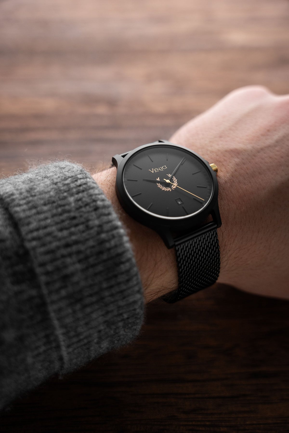Minimalist Black and Gold Mens Watch, Stainless Steel Mesh Adjustable Strap - Gift for Him