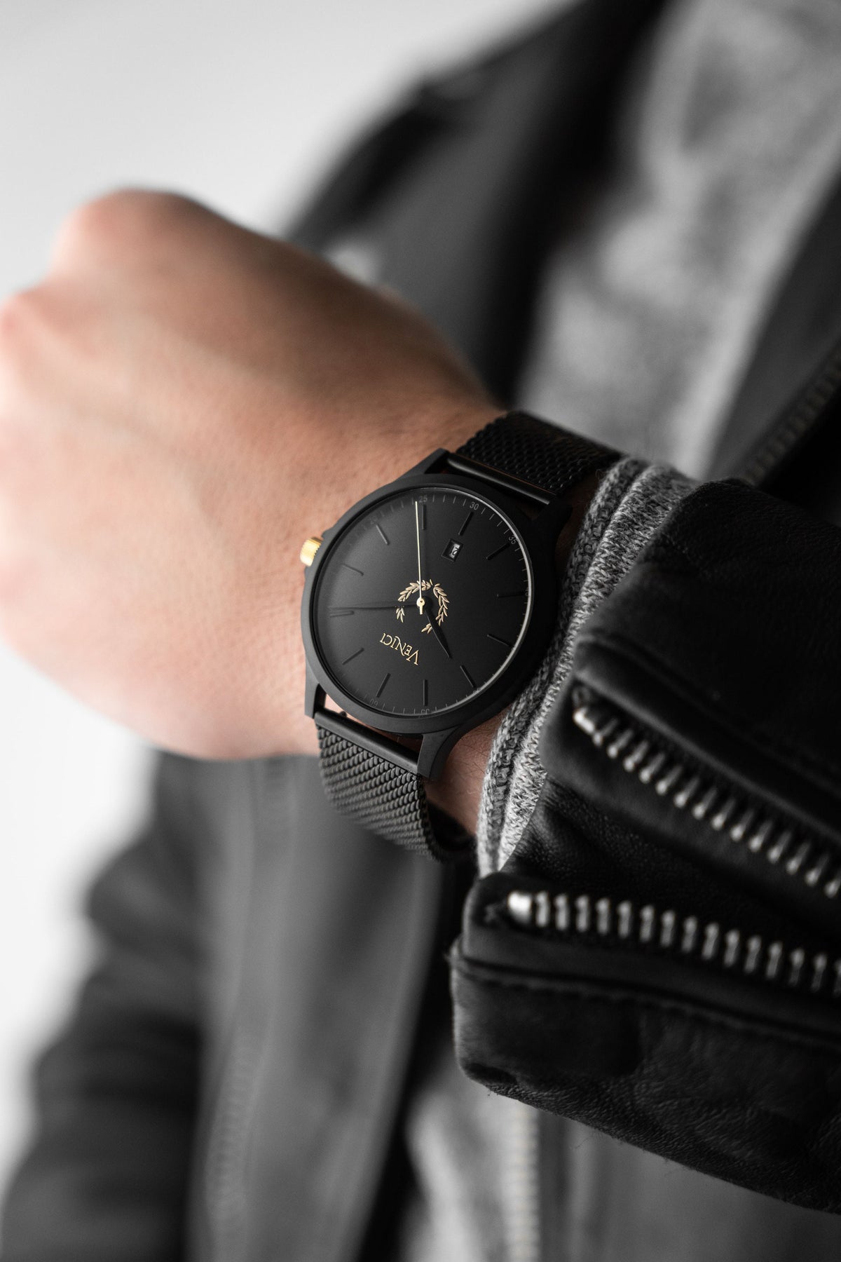Minimalist Black and Gold Mens Watch, Stainless Steel Mesh Adjustable Strap - Gift for Him