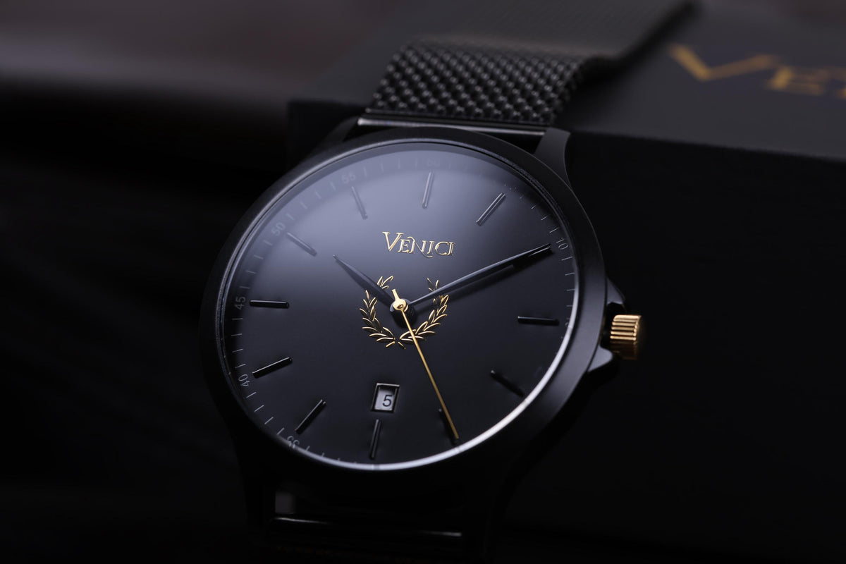 Minimalist Black and Gold Mens Watch, Stainless Steel Mesh Adjustable Strap - Gift for Him