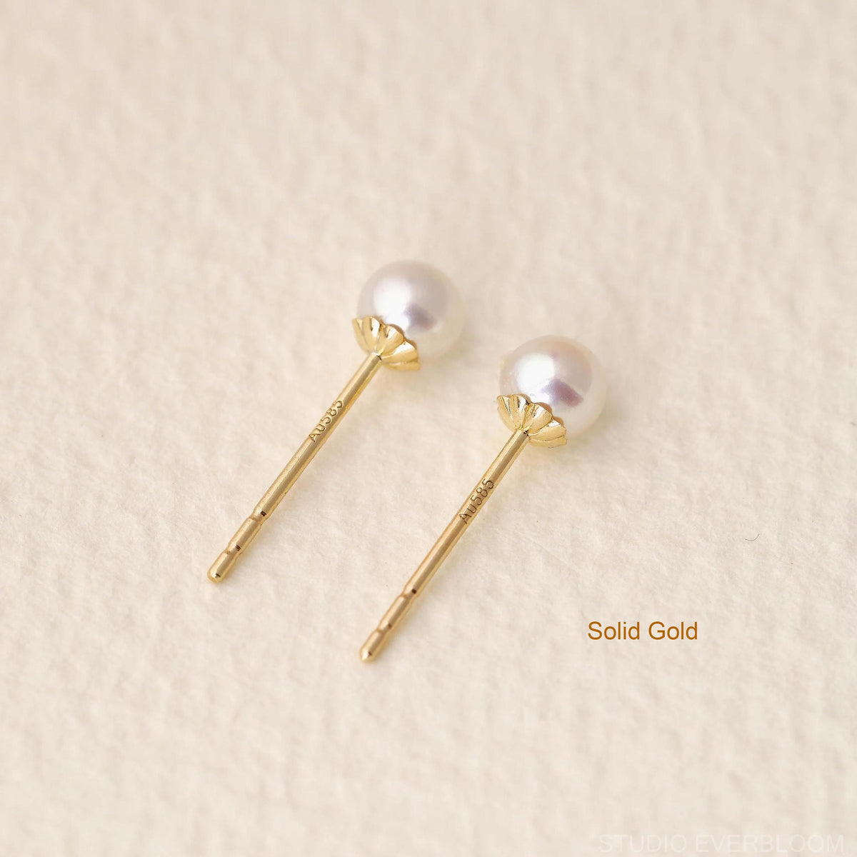 14K Solid Gold Freshwater Pearl Stud Earrings, Minimalist Aurora Luster Pearl