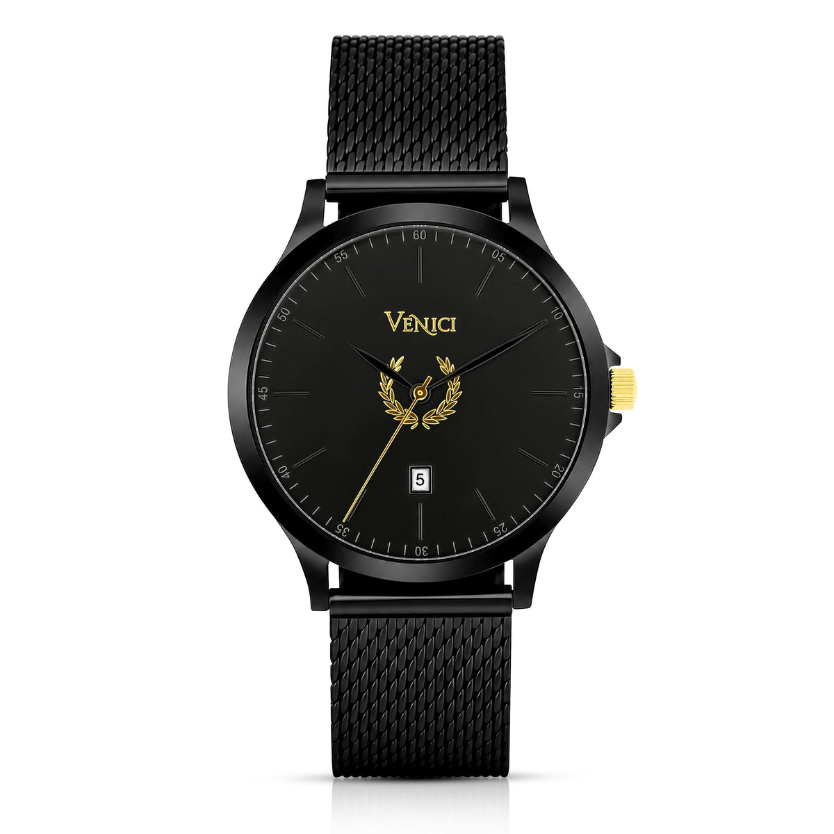 Minimalist Black and Gold Mens Watch, Stainless Steel Mesh Adjustable Strap - Gift for Him